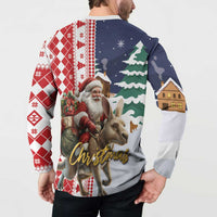 Men’s button-front sweatshirt with back graphic of Santa and reindeer, holiday plaid
