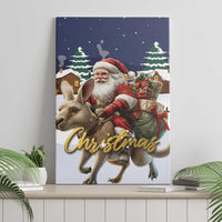 Canvas wall art with Santa on reindeer, pine trees, gifts, and gold “Christmas” script.