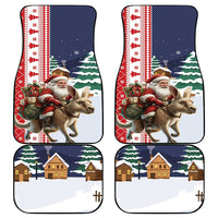 Four Christmas car mats in red-and-blue border with Santa, reindeer, and trees