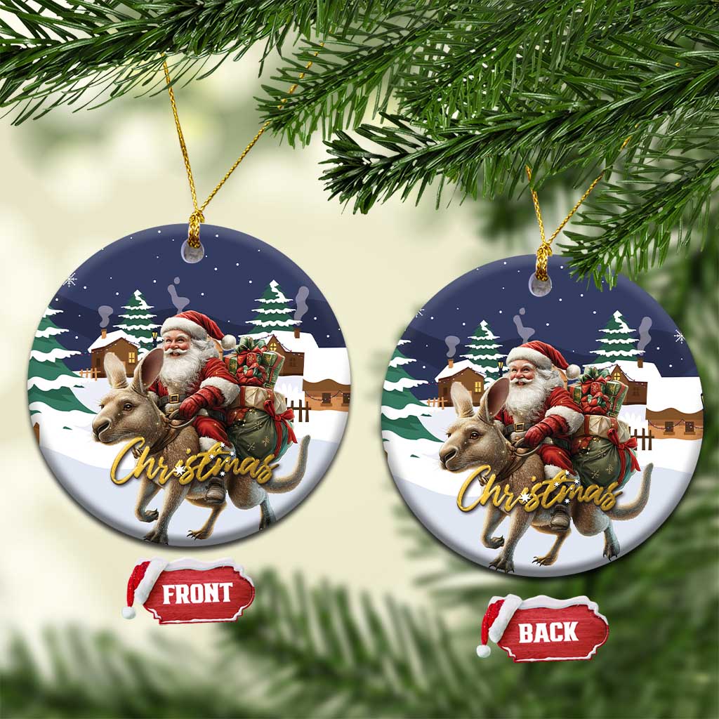 Round ceramic Christmas ornament with Santa riding a kangaroo, gold hanging loop