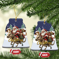 Bell-shaped ceramic Christmas ornament with Santa riding kangaroo, gold hanging loop