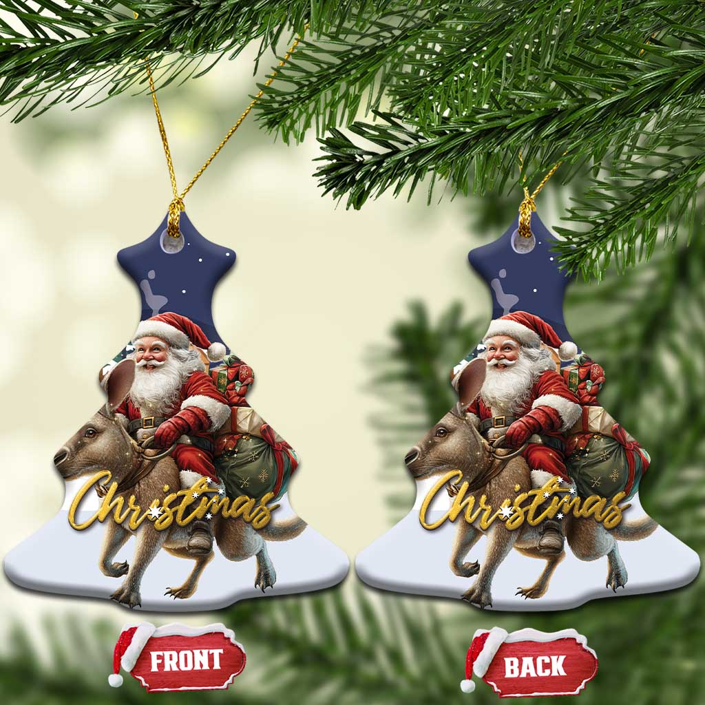 Bell-shaped ceramic Christmas ornament showing Santa and kangaroo, gold hanging loop