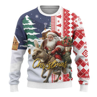 Christmas ugly sweater front view, Santa and animal graphic with red argyle and tree icons