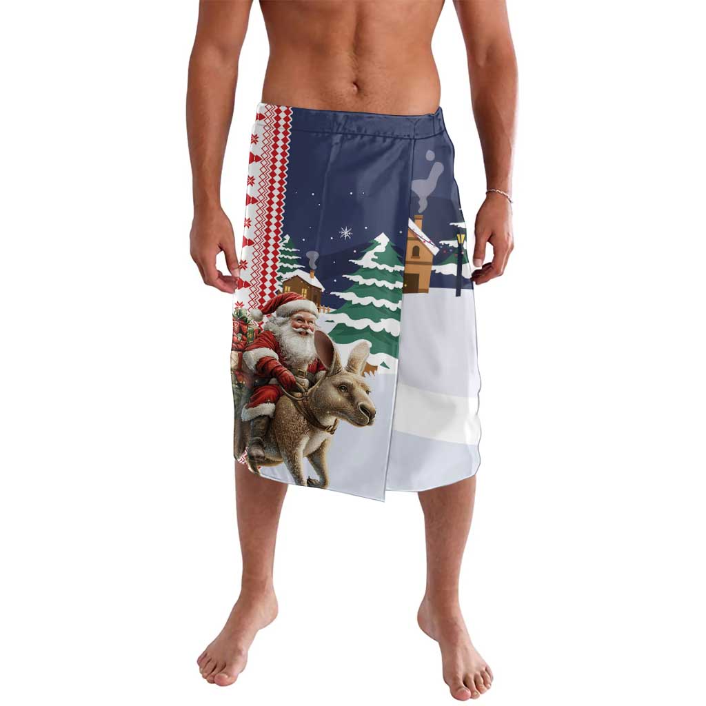Christmas patterned navy lavalava with Santa, reindeer, and trees; knee length
