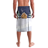 Navy and white Christmas lavalava with house, trees, and stars; knee length