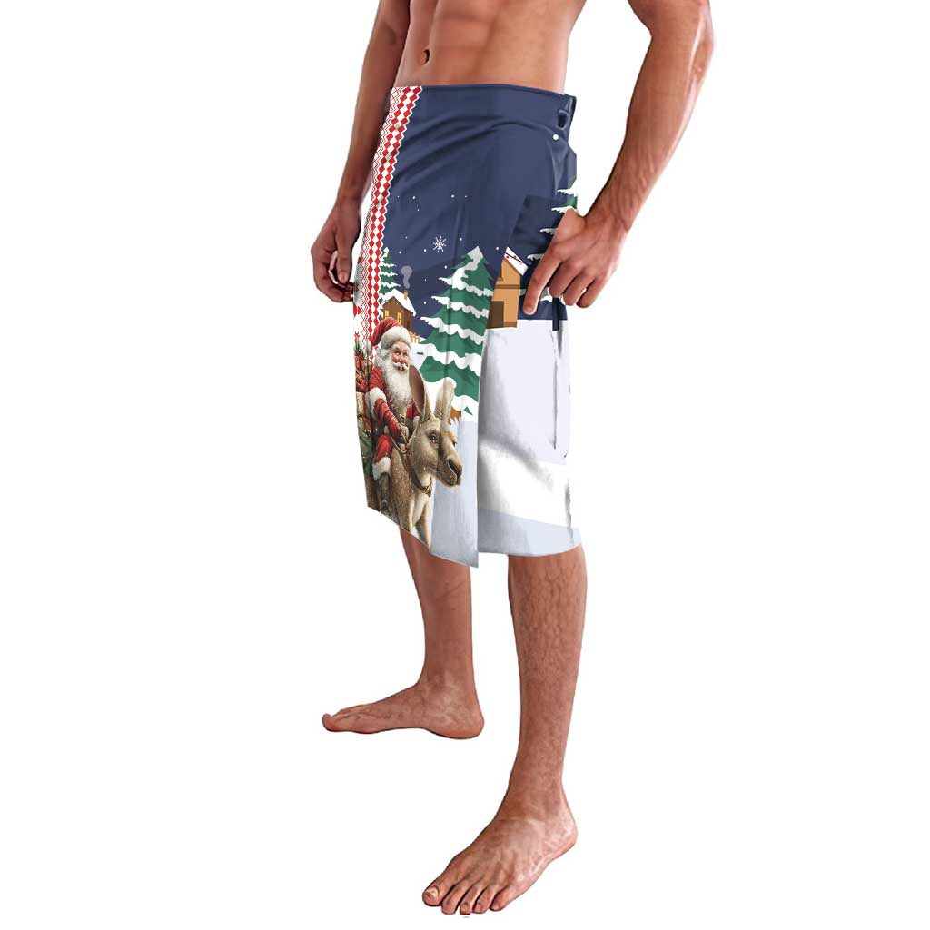 Navy Christmas lavalava with Santa and reindeer graphic; wrap-style waistband