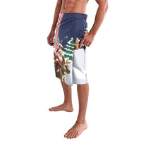 Navy Christmas lavalava with Santa and reindeer graphic; wrap-style waistband