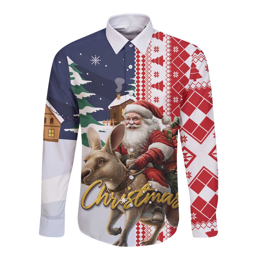 Christmas long-sleeve button shirt with front collage of Santa, reindeer and red plaid