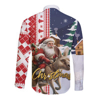 Christmas long-sleeve button shirt, back graphic of Santa on reindeer with red plaid sleeves