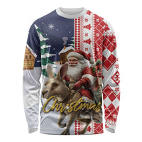 Unisex long-sleeve Christmas shirt with Santa and reindeer, navy/red pattern