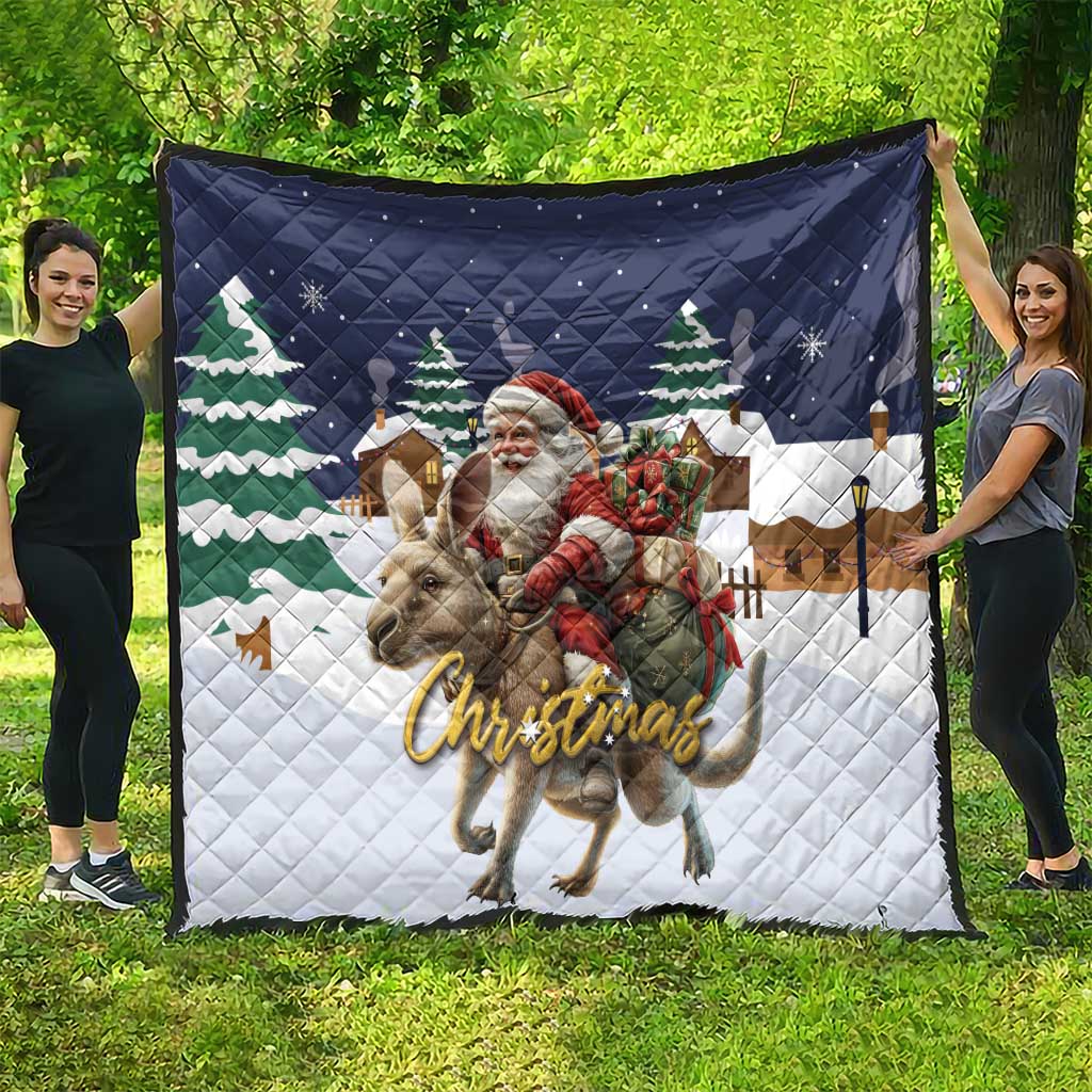 Navy and white large Christmas quilt with Santa, reindeer, pine trees, and gold 'Christmas'