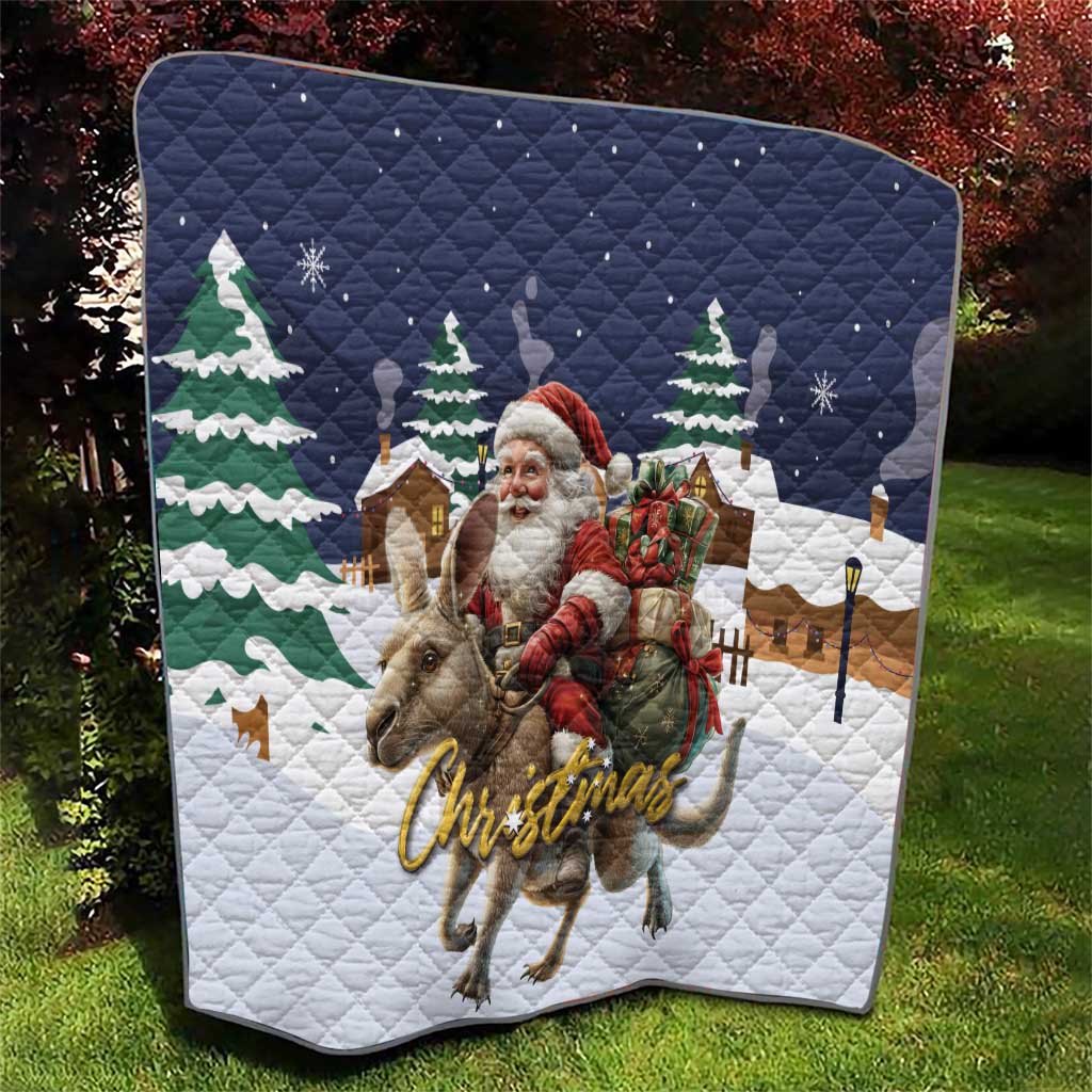 Quilted Christmas blanket in navy and white with Santa on reindeer and pine tree prints