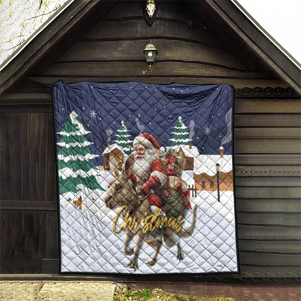 Quilted Christmas throw in navy and white featuring Santa on reindeer and pine trees
