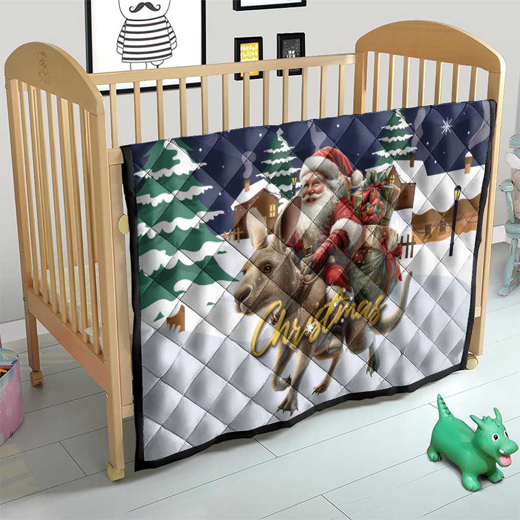 Christmas quilt for crib in navy and white with Santa, reindeer, and pine tree design