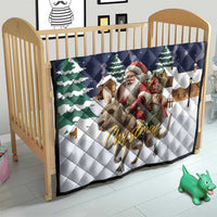 Christmas quilt for crib in navy and white with Santa, reindeer, and pine tree design