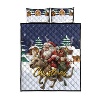 Navy and white Christmas quilt with Santa riding reindeer; two matching pillow covers
