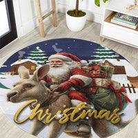 Christmas round area rug with Santa, reindeer and gold 'Christmas' text on blue