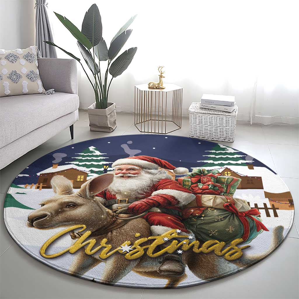 Christmas round area rug, Santa with reindeer and gold 'Christmas' script on blue