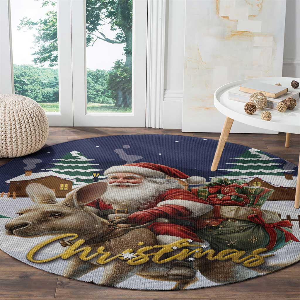 Christmas round area rug in living room, Santa and reindeer with gold 'Christmas' text