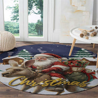 Christmas round area rug in living room, Santa and reindeer with gold 'Christmas' text