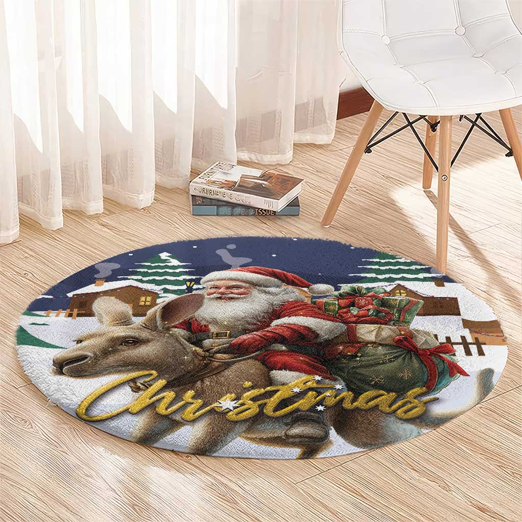 Christmas round area rug on light wood floor, Santa and reindeer with gold 'Christmas' text