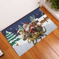 Christmas rubber doormat with Santa riding a kangaroo, surrounded by winter trees