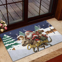 Christmas rubber doormat with Santa on kangaroo, gold “Christmas” script and pine trees
