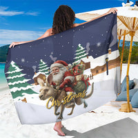 Navy and white Christmas sarong with Santa, reindeer, pine trees, and gold 'Christmas'
