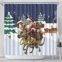 Christmas shower curtain featuring Santa riding a kangaroo with fir trees and snowflakes