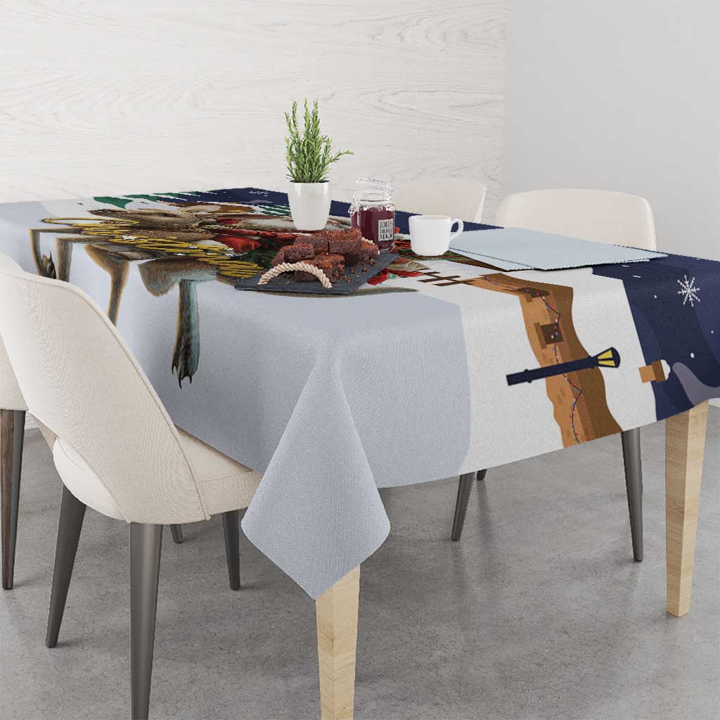 Gray Christmas tablecloth with reindeer-leg print and navy edge with snowflake details
