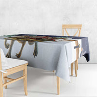 Gray Christmas tablecloth with reindeer-leg motif and dark navy corner
