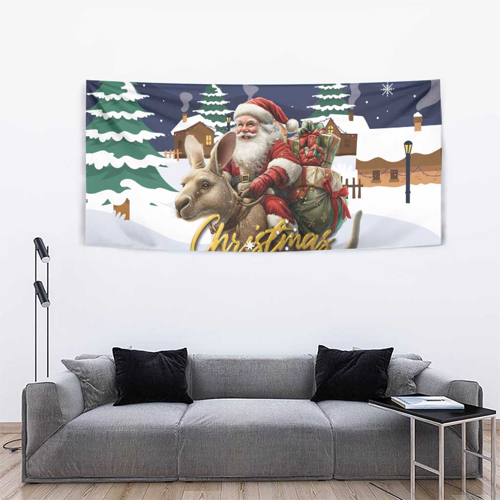 Christmas tapestry with Santa and reindeer centered, snowy background with pine trees