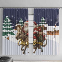 Two Christmas curtain panels with Santa on reindeer, star dots and fir trees on navy