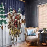 Christmas window curtain panel with Santa riding reindeer and green tree border on navy