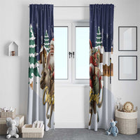 Pair of Christmas window curtains with Santa, reindeer, and green tree stripes on navy