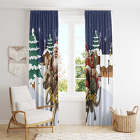 Christmas window curtain set with Santa on reindeer, pine trees, and gold 'Christmas' text