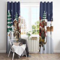 Christmas window curtain pair with Santa on reindeer and green fir trees on navy