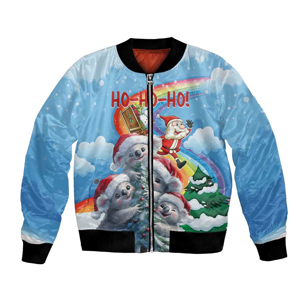 Blue bomber jacket with full-zip, black ribbed cuffs, koala & Santa 'Ho-Ho-Ho' graphic