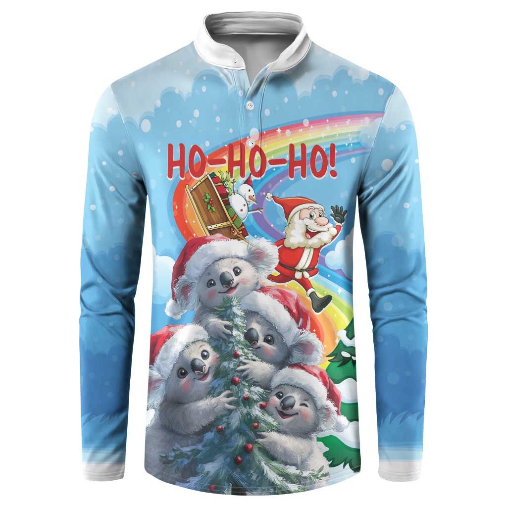 Blue button-up Christmas sweatshirt with Santa, koalas, and 'HO-HO-HO!' graphic