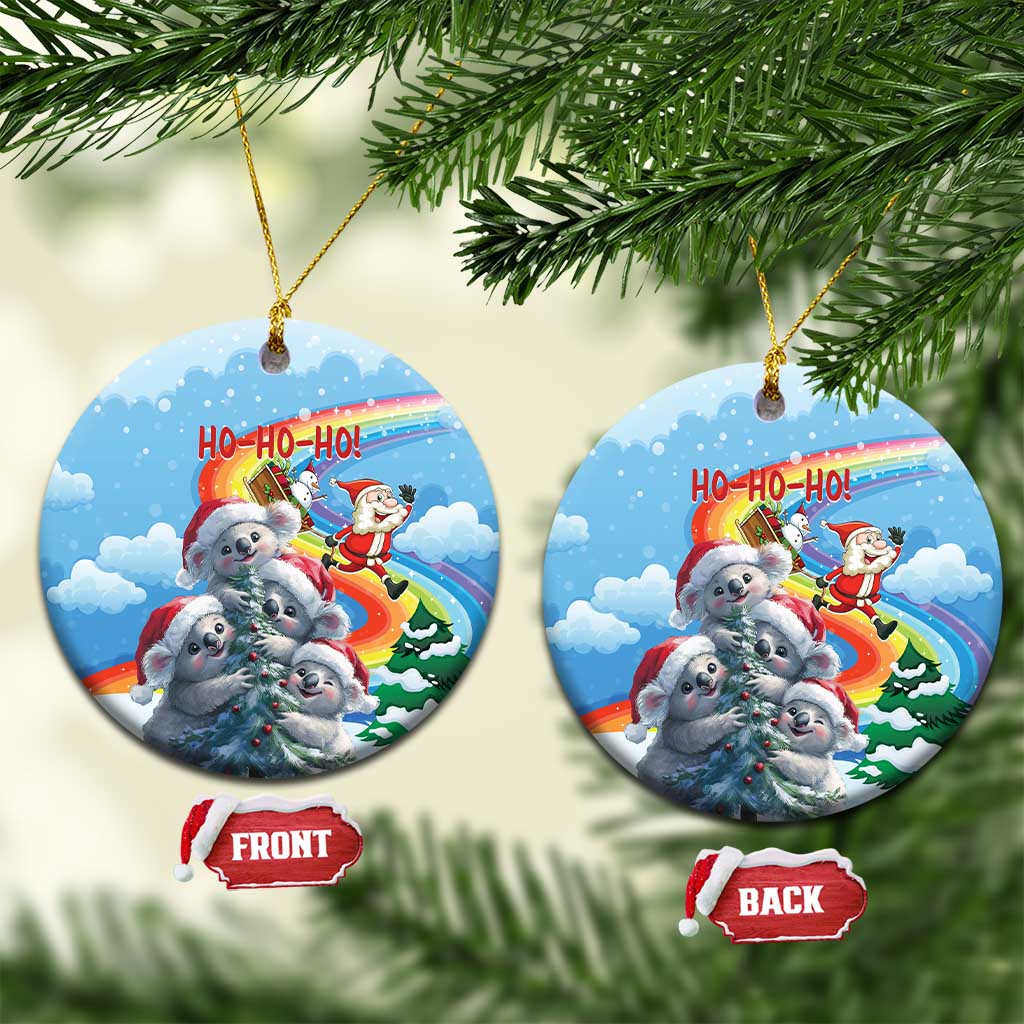 Blue ceramic round Christmas ornament with koalas, Santa, and “HO-HO-HO” text; front/back shown.