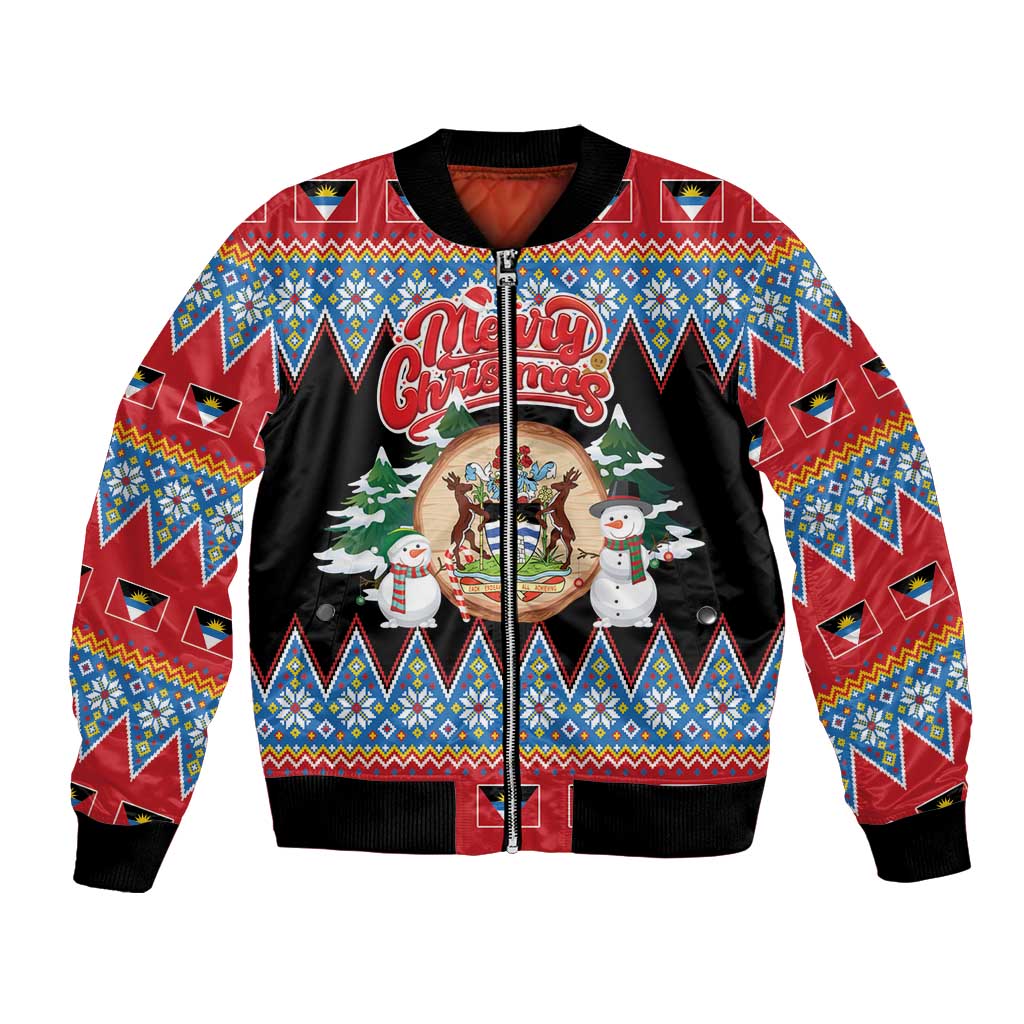 Personalized Antigua and Barbuda Christmas Bomber Jacket Coat Of Arms With Snowman - Wonder Print Shop