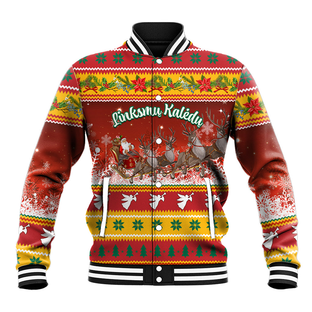 Unisex Christmas baseball jacket with festive red, green, and yellow graphic front
