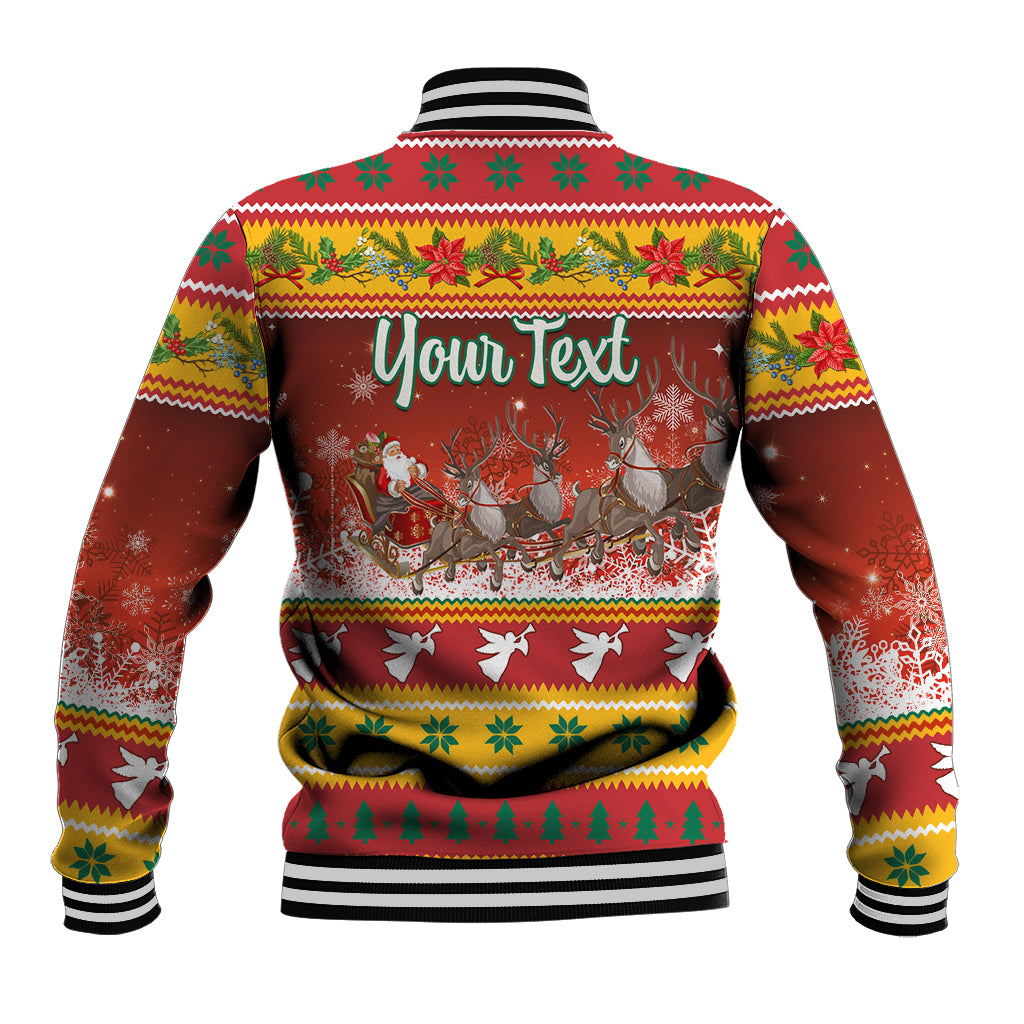 Unisex Christmas baseball jacket back with 'Your Text' and reindeer graphic, red striped collar