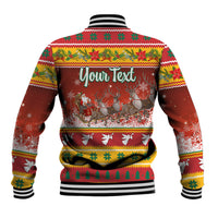 Unisex Christmas baseball jacket back with 'Your Text' and reindeer graphic, red striped collar