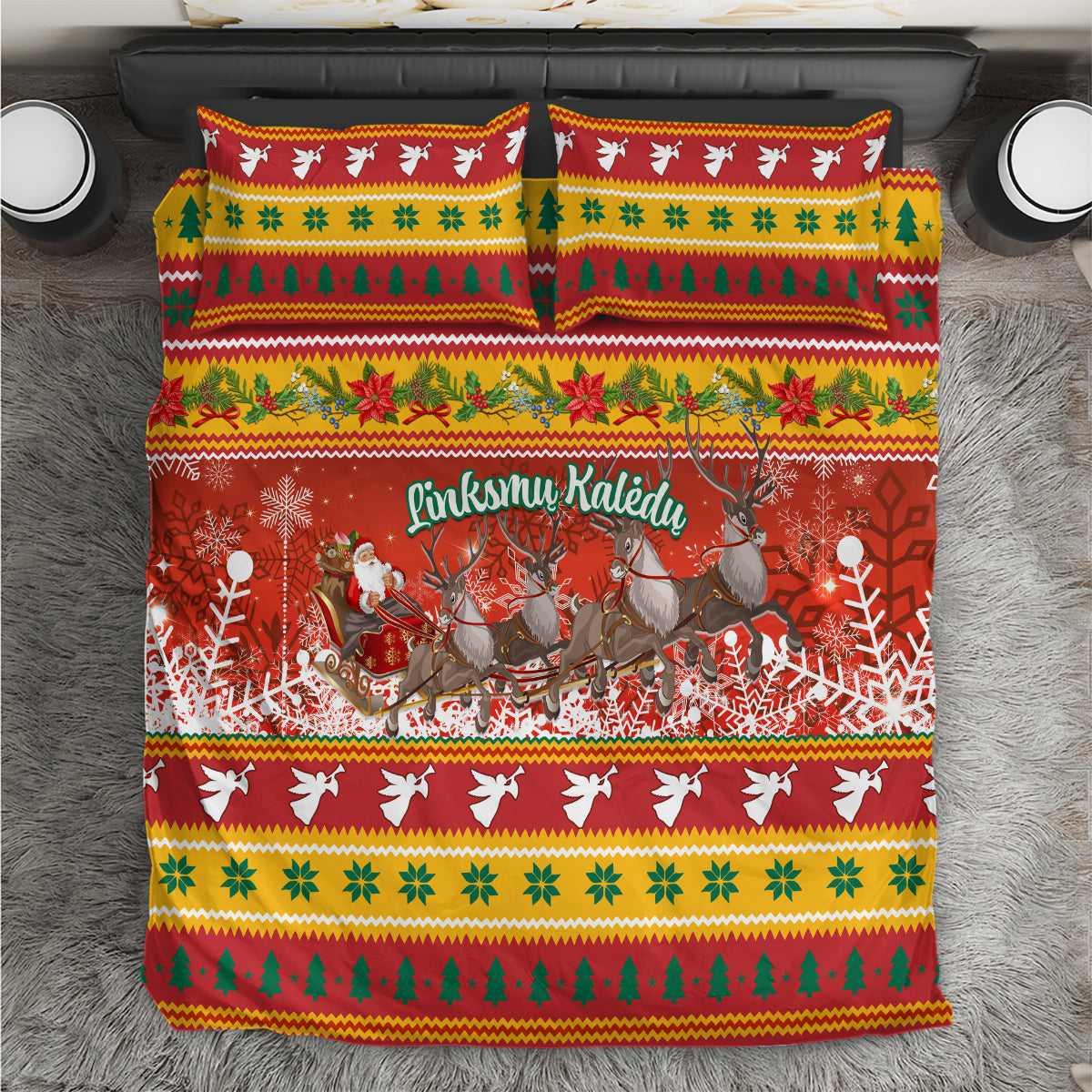 Christmas bedding set with red Santa and reindeer print, colorful holiday stripe border