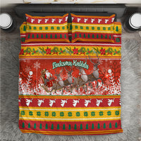 Christmas bedding set with red Santa and reindeer print, colorful holiday stripe border