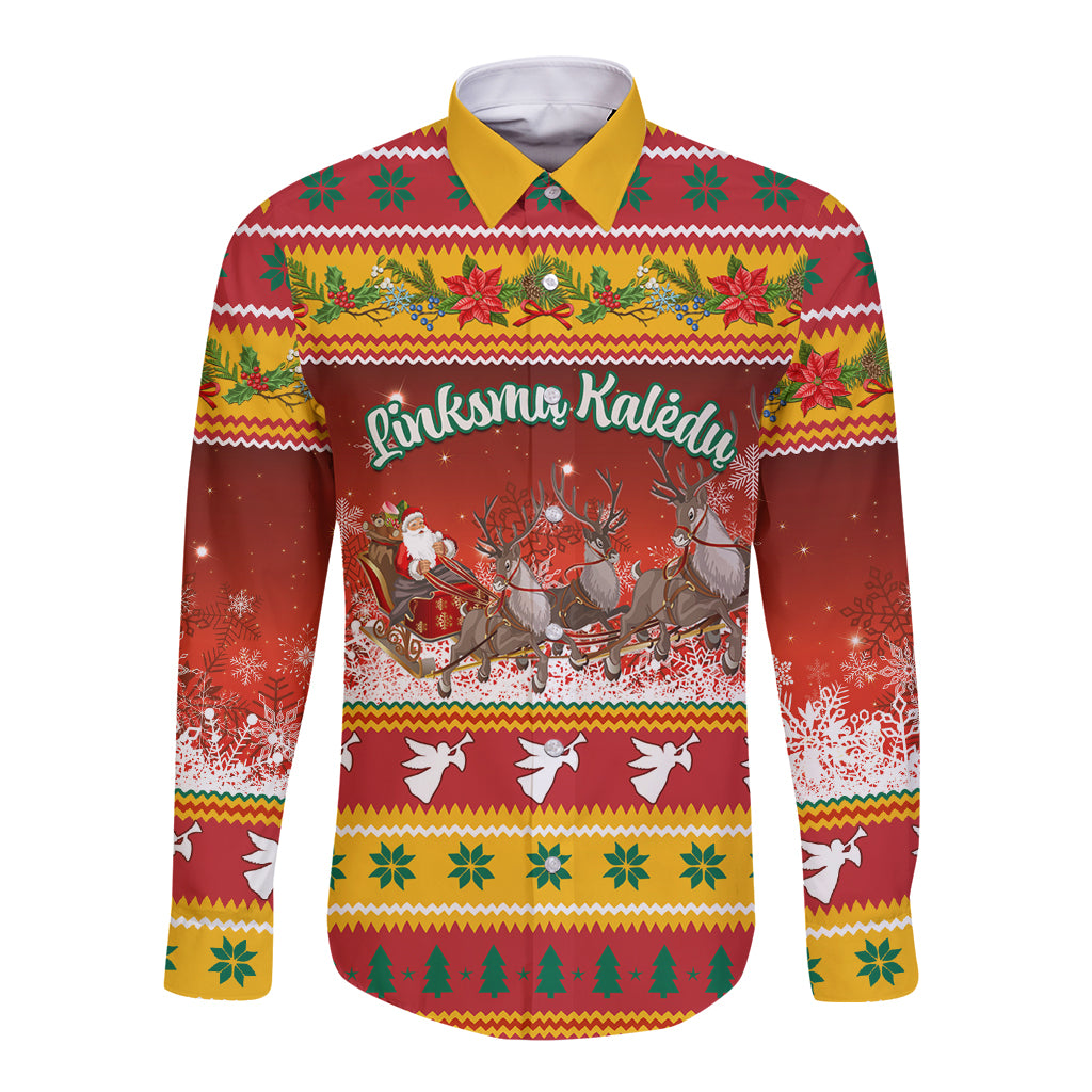 Christmas long-sleeve button shirt in red with yellow collar, Santa and reindeer graphic