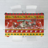 Christmas tablecloth with Santa, reindeer, and Lithuanian-style festive border