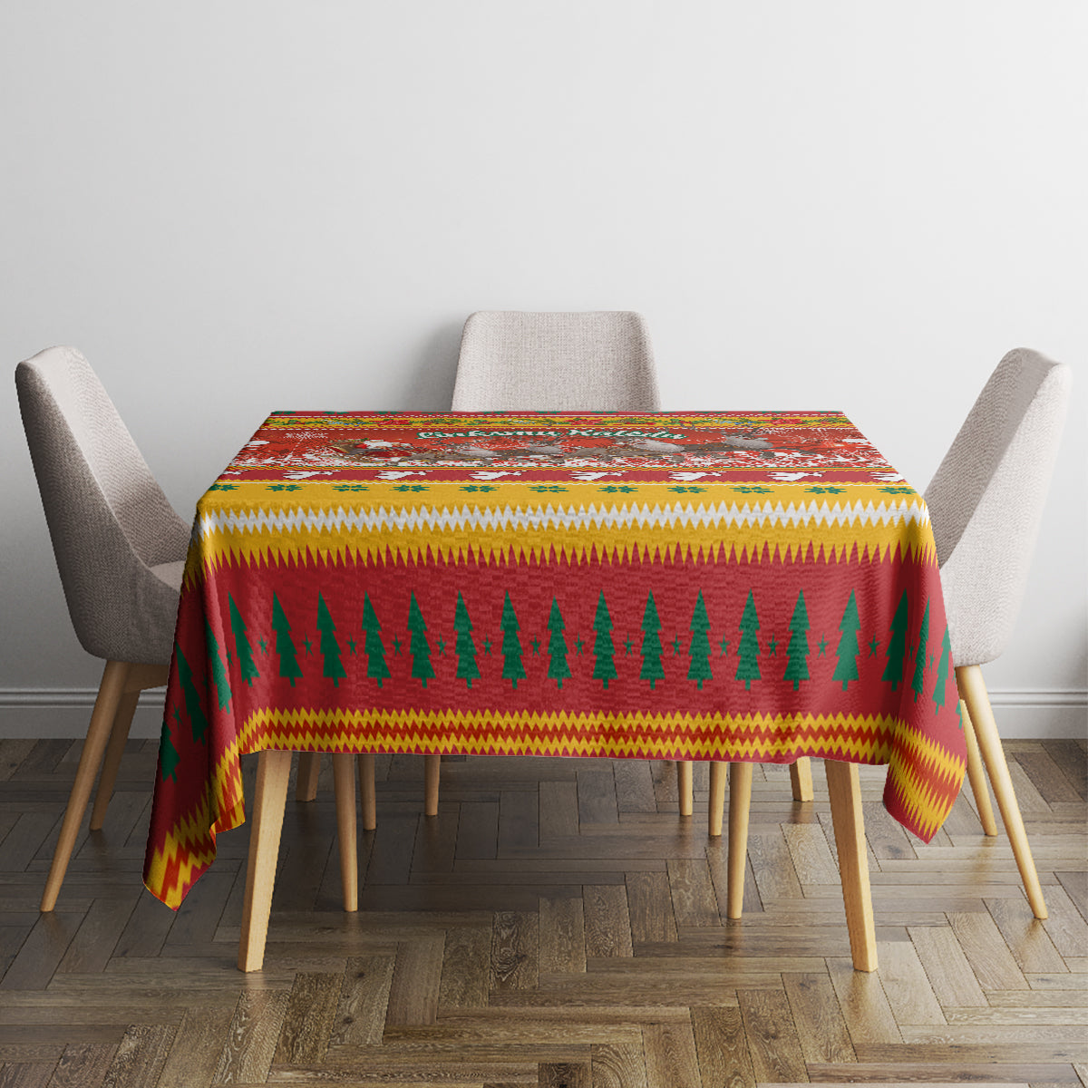 Rectangular Christmas tablecloth with red, green and yellow pine tree stripe design