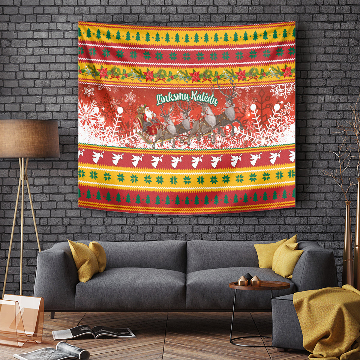 Christmas tapestry with Santa Claus and reindeer, multicolor folk pattern